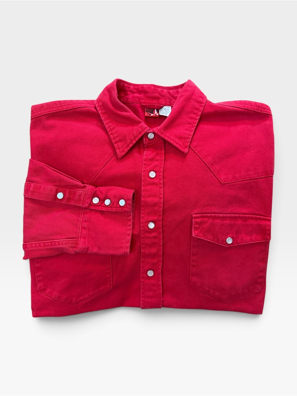 VTG 90s Marlboro Red Star Red Denim Pearl Snap Western Button Down Shirt Size L
